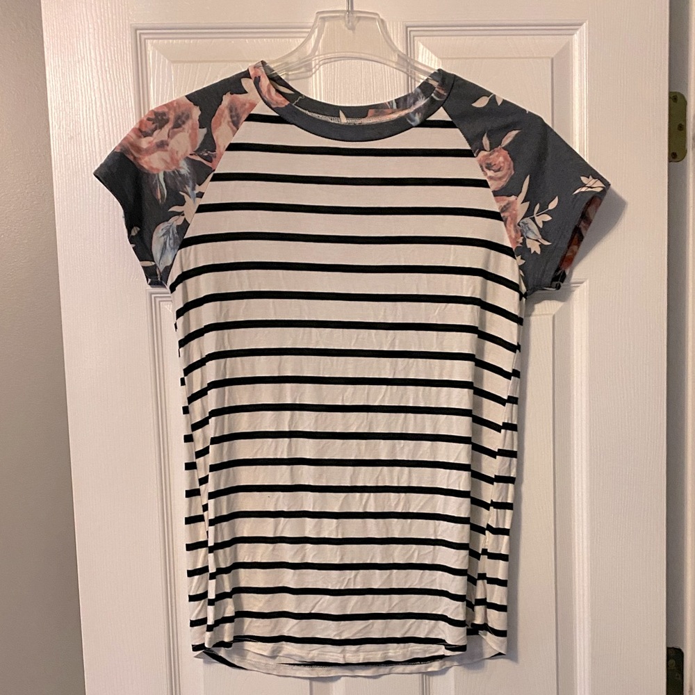 Tickled Teal Striped Floral Tee